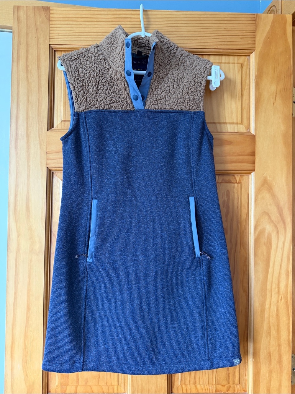 Title Nine Navy Knit Dress with Brown Sherpa Yoke and Light Blue Trim